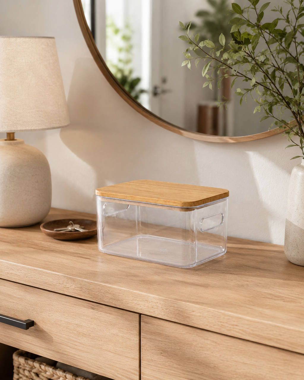 Clear storage box with bamboo lid