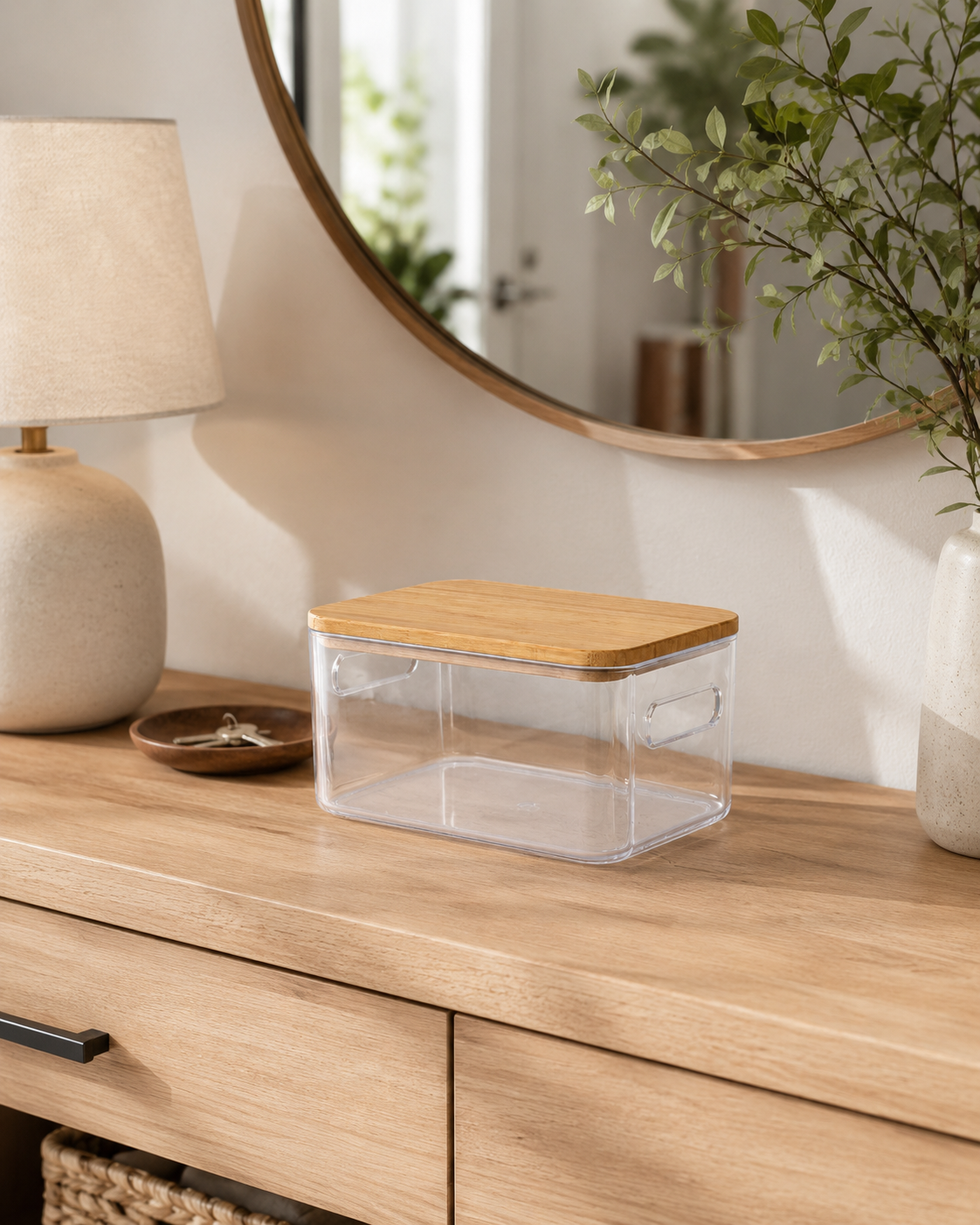 Clear storage box with bamboo lid